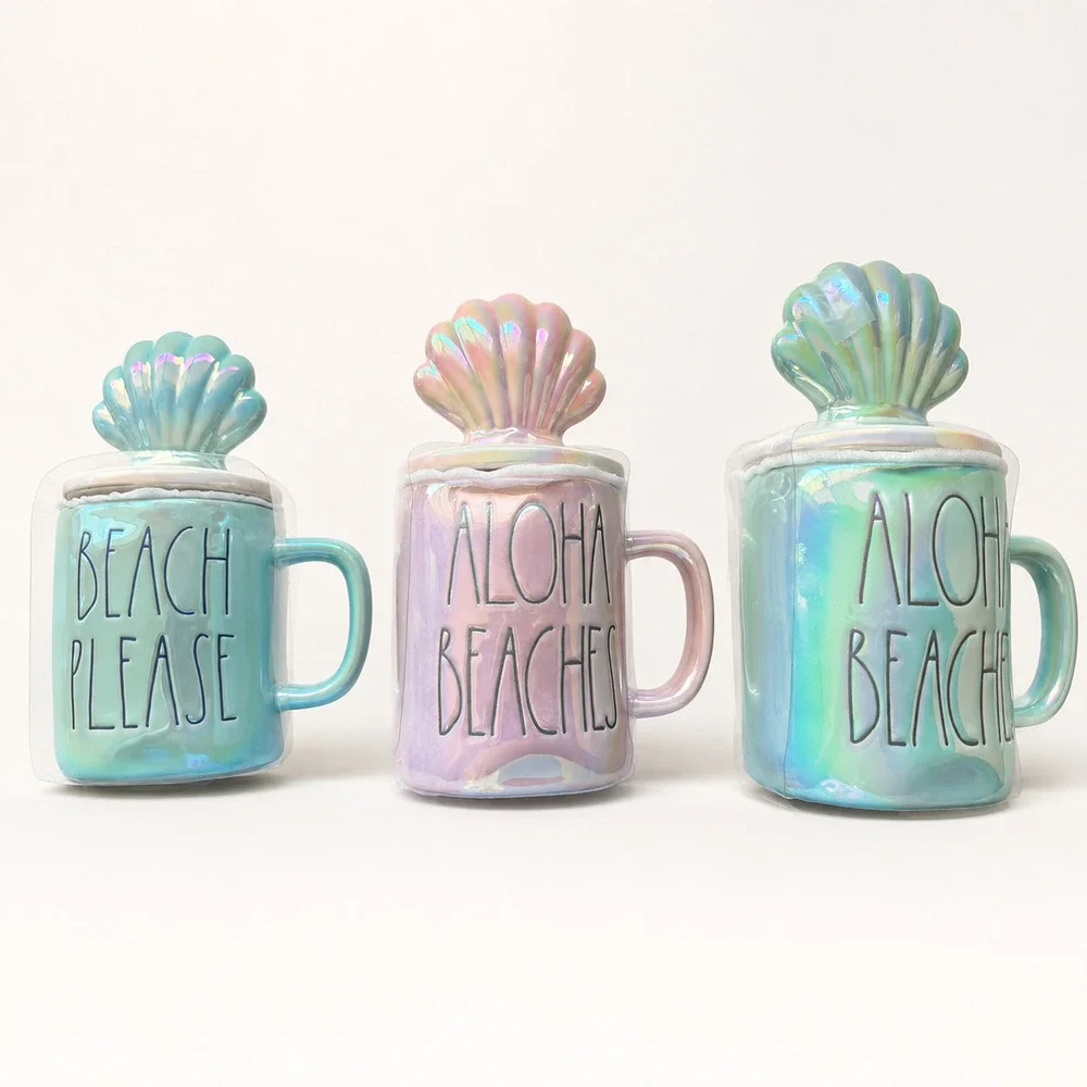 Rae Dunn Iridescent Pink 'Aloha Beaches' Mug w/ Shell Lid